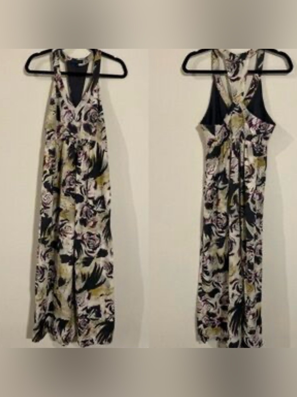 Martin + Osa Floral Halter Maxi Dress in Black and Cream with Olive Accents